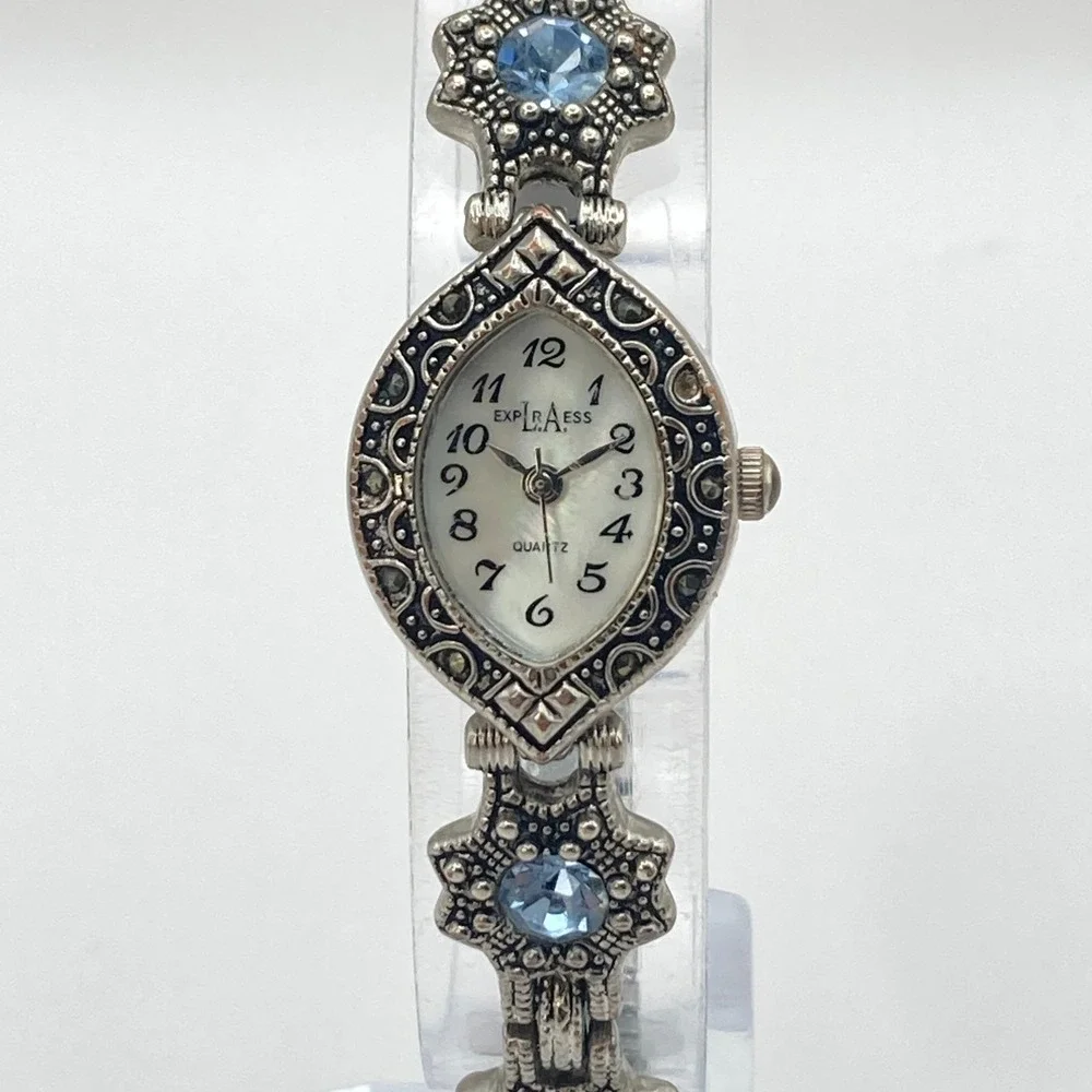 Vtg LA Express Women's Watch MISSING STONE Silver Tone Blue Crystals New Battery